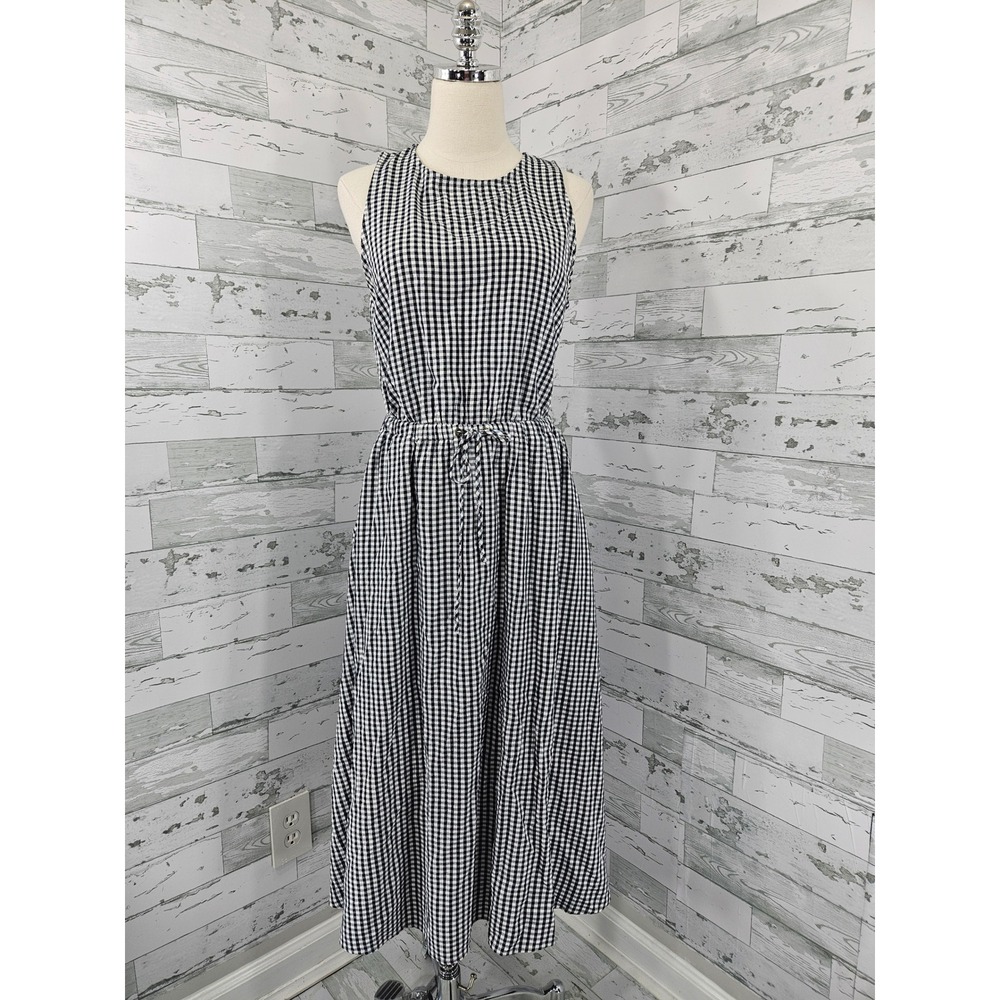 Loft Gingham Midi Dress Navy White Sleeveless Cutout Back Pockets Womens M